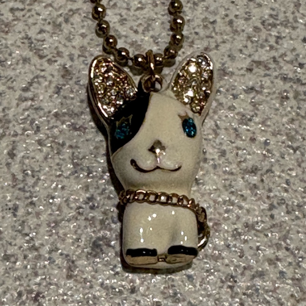 Betsy Johnson 20” Chain Necklace French Bull Dog Pendant Rhinestones